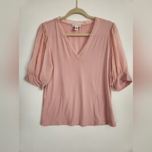 Calvin Klein Soft Pink V-Neck Blouse With Billowy Sleeves, Size M